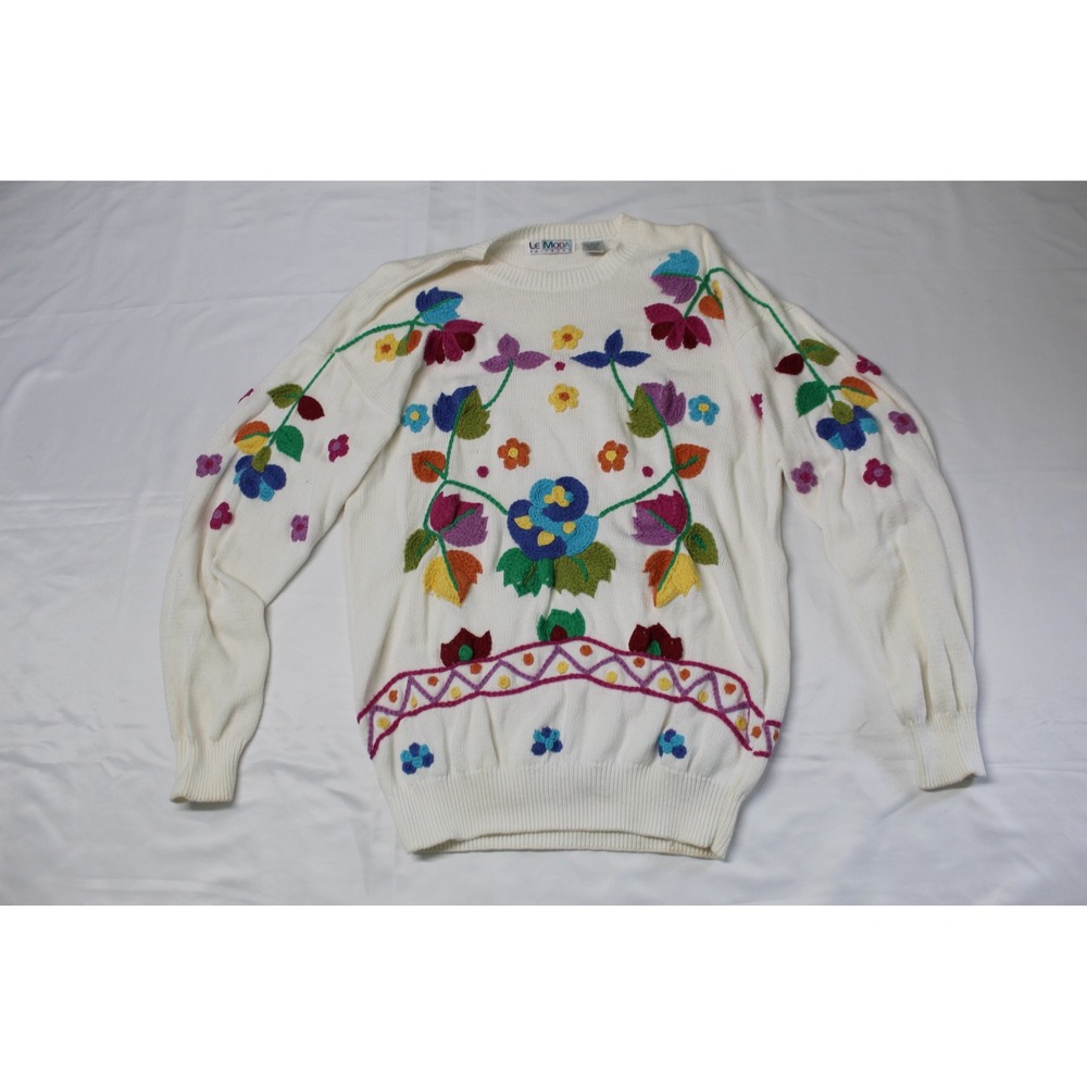 Le Moda Knitwear Vintage White Floral Embroidered Cotton Sweater Womens Large